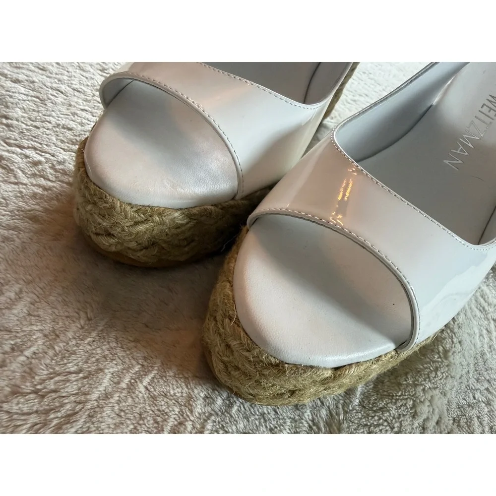Stuart Weitzman White Patent Leather Espadrille Wedge Slingback Peep Toe 9.5 - Picture 4 of 12